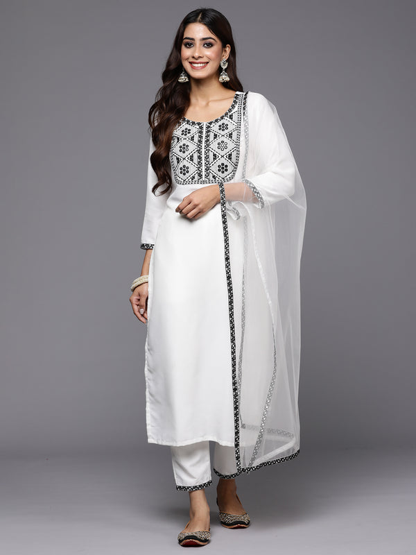 Indo Era White Embroidered Straight Kurta Trousers With Dupatta Set - Distacart