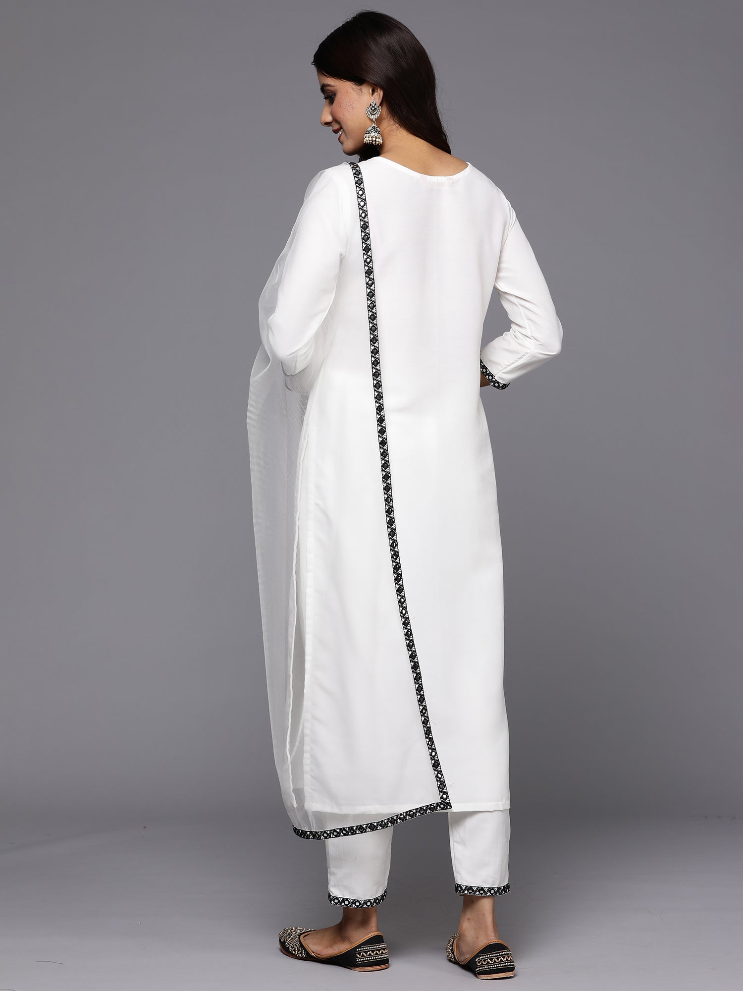 Indo Era White Embroidered Straight Kurta Trousers With Dupatta Set - Distacart