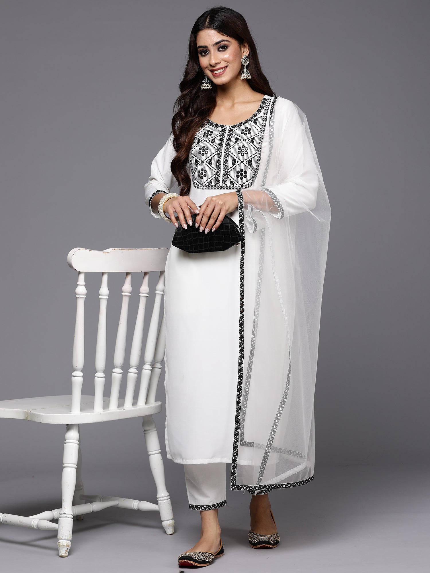 Indo Era White Embroidered Straight Kurta Trousers With Dupatta Set - Distacart