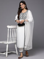 Thumbnail for Indo Era White Embroidered Straight Kurta Trousers With Dupatta Set - Distacart