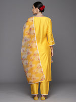 Thumbnail for Indo Era Yellow Embroidered Straight Kurta Trousers With Dupatta Set - Distacart