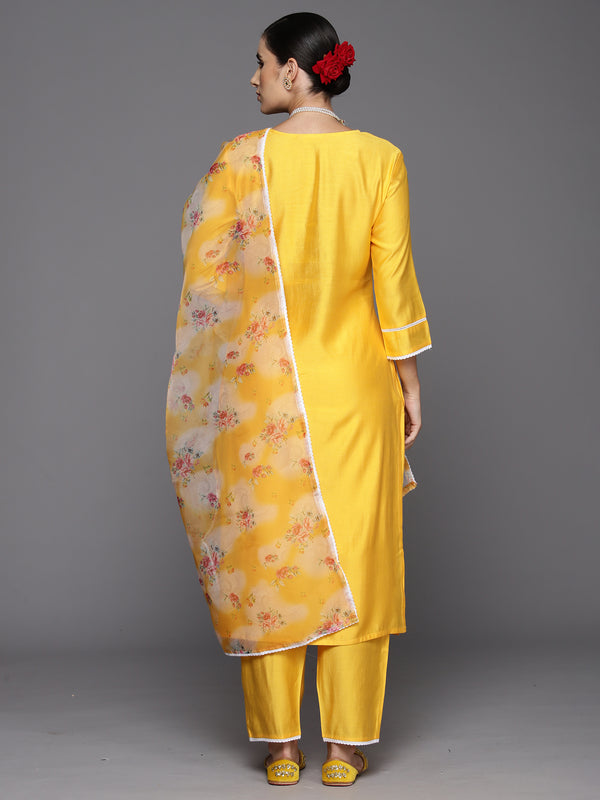 Indo Era Yellow Embroidered Straight Kurta Trousers With Dupatta Set - Distacart
