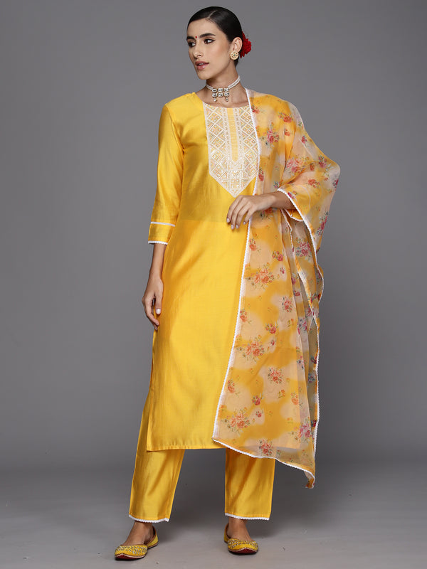 Indo Era Yellow Embroidered Straight Kurta Trousers With Dupatta Set - Distacart