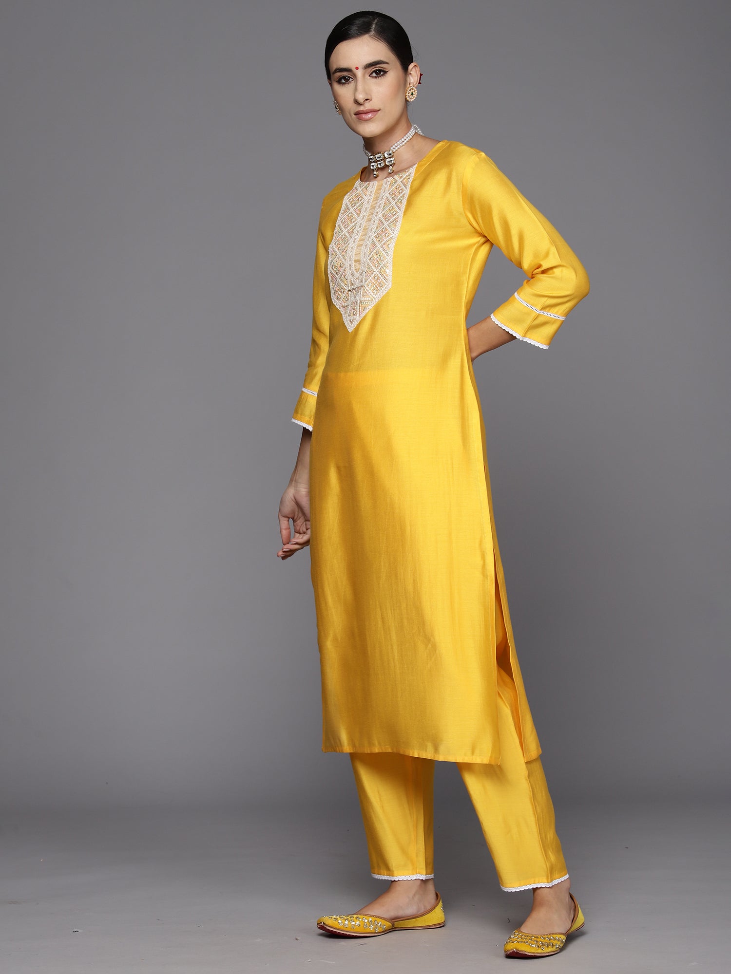 Indo Era Yellow Embroidered Straight Kurta Trousers With Dupatta Set - Distacart