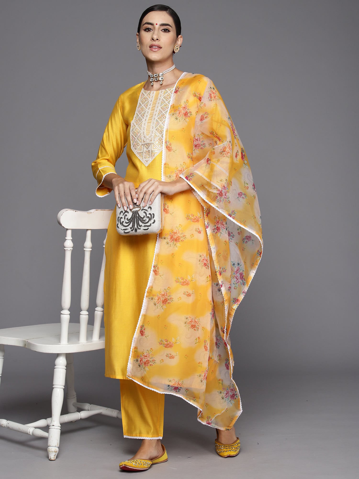 Indo Era Yellow Embroidered Straight Kurta Trousers With Dupatta Set - Distacart