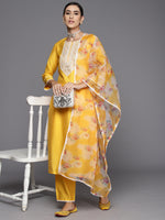 Thumbnail for Indo Era Yellow Embroidered Straight Kurta Trousers With Dupatta Set - Distacart
