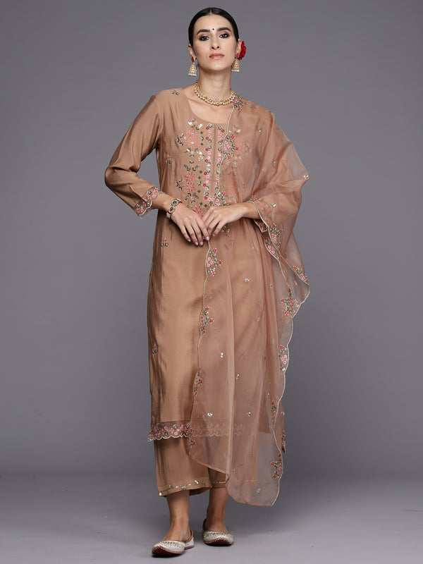 Indo Era Brown Embroidered Straight Kurta Trousers With Dupatta Set - Distacart