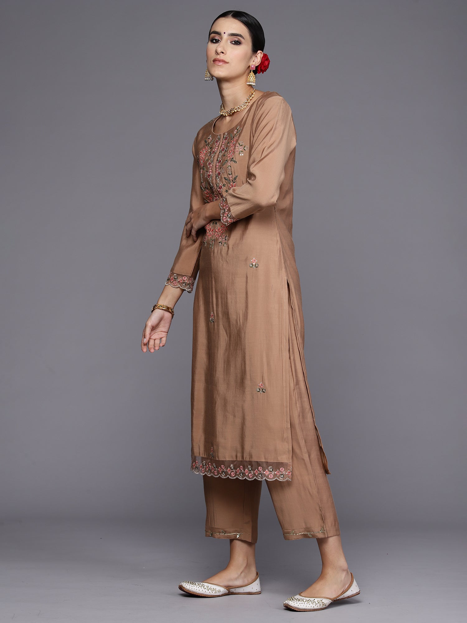 Indo Era Brown Embroidered Straight Kurta Trousers With Dupatta Set - Distacart