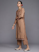 Thumbnail for Indo Era Brown Embroidered Straight Kurta Trousers With Dupatta Set - Distacart