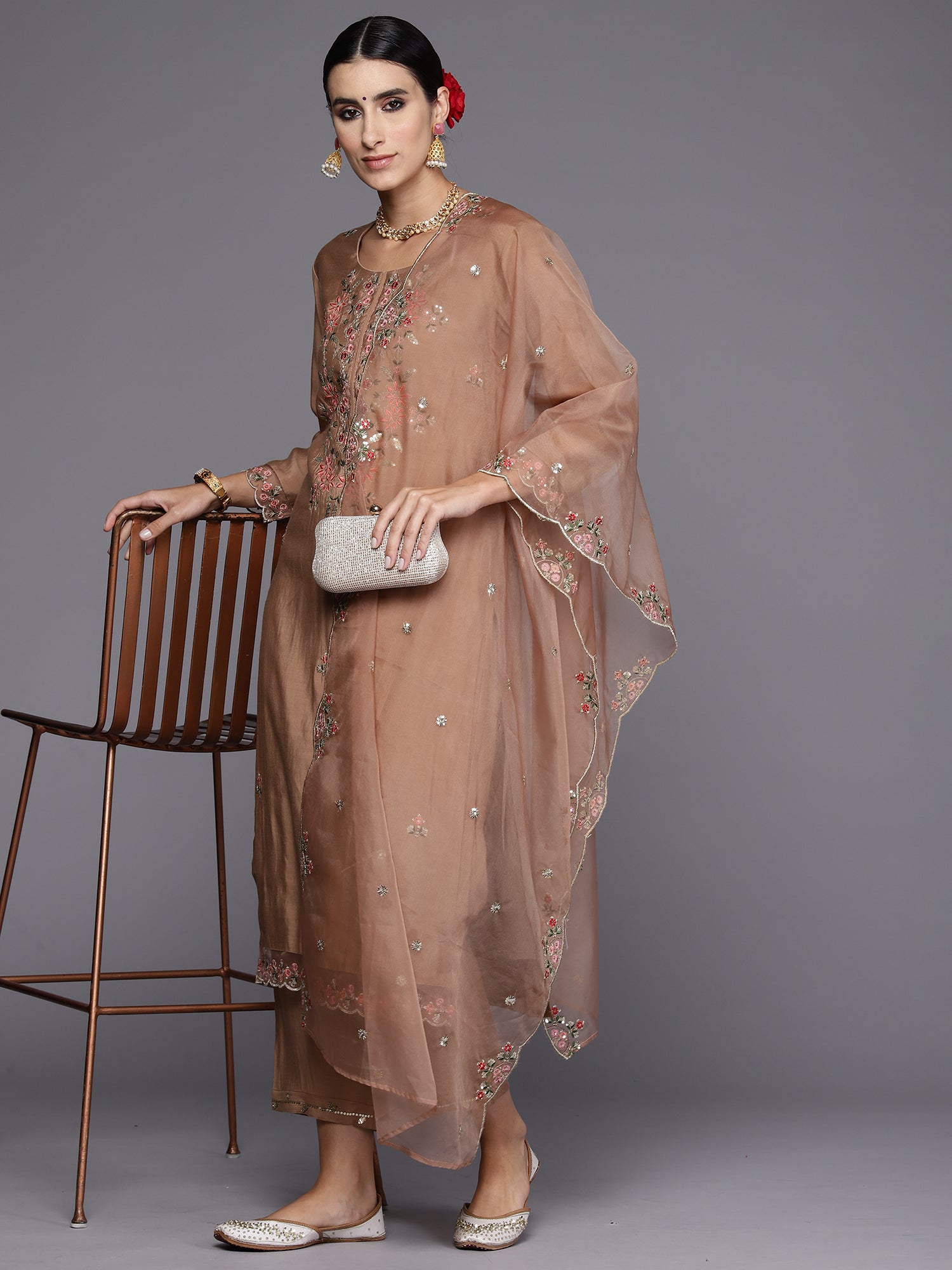 Indo Era Brown Embroidered Straight Kurta Trousers With Dupatta Set - Distacart