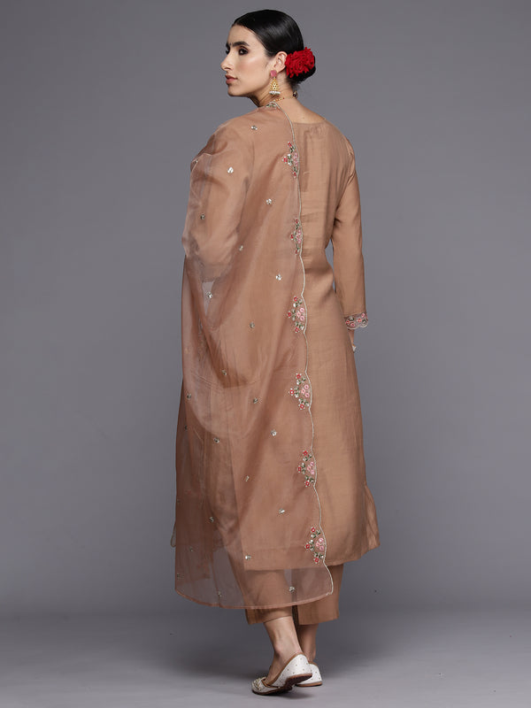 Indo Era Brown Embroidered Straight Kurta Trousers With Dupatta Set - Distacart