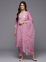 Thumbnail for Indo Era Lavender Embroidered Straight Kurta Trousers With Dupatta Set - Distacart