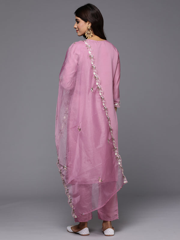 Indo Era Lavender Embroidered Straight Kurta Trousers With Dupatta Set - Distacart