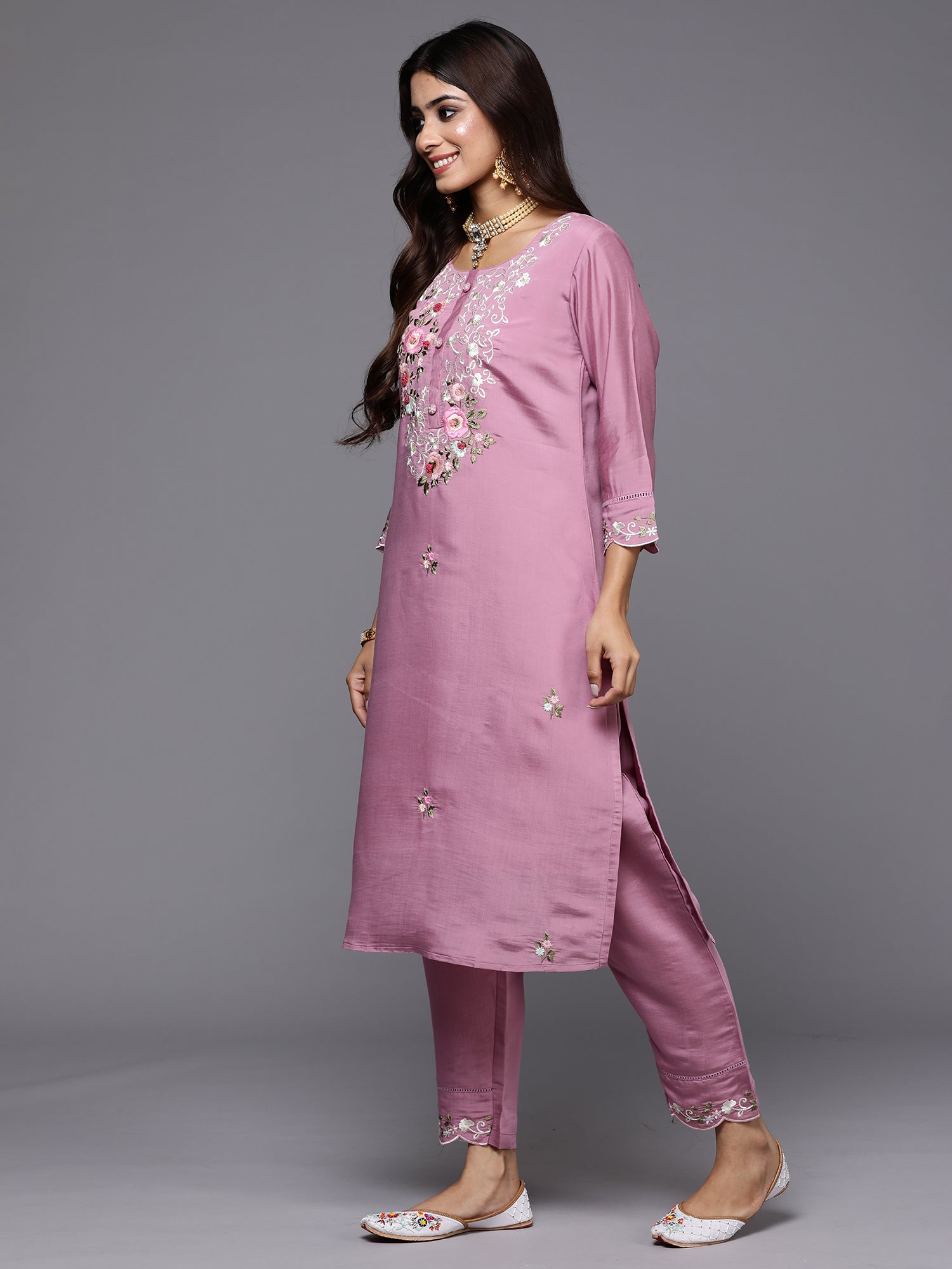 Indo Era Lavender Embroidered Straight Kurta Trousers With Dupatta Set - Distacart