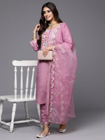Thumbnail for Indo Era Lavender Embroidered Straight Kurta Trousers With Dupatta Set - Distacart
