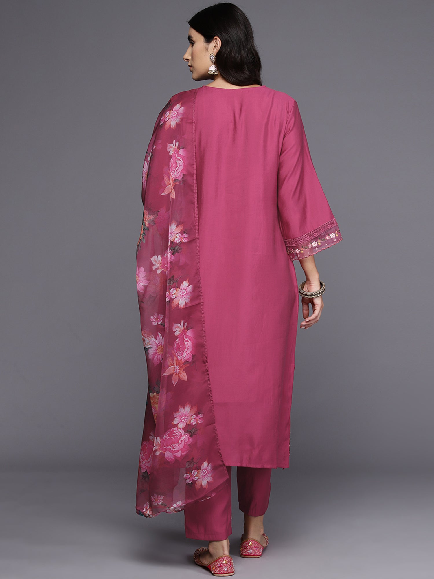 Indo Era Pink Embroidered A-Line Kurta Trousers With Dupatta Set - Distacart