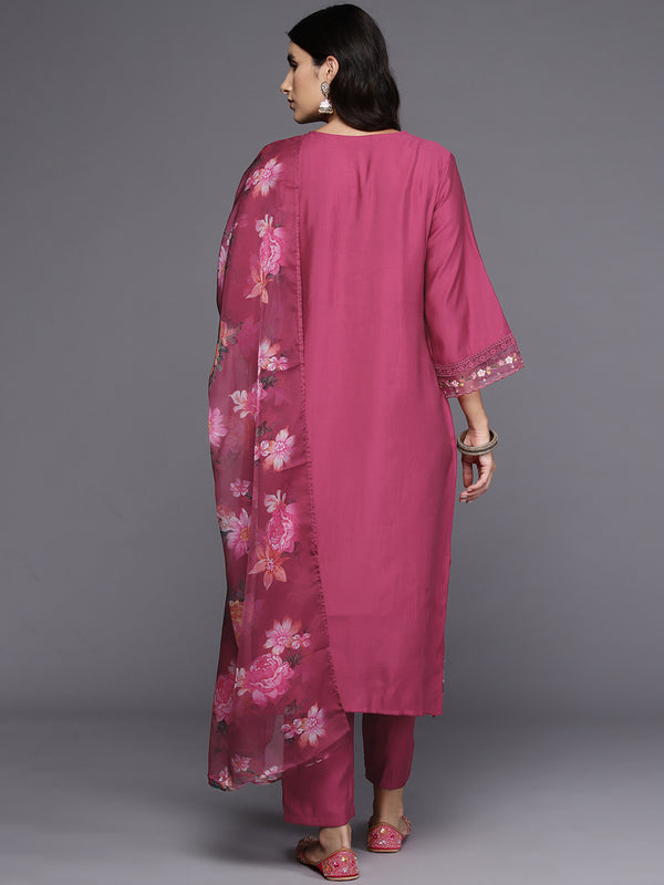 Indo Era Pink Embroidered A-Line Kurta Trousers With Dupatta Set - Distacart