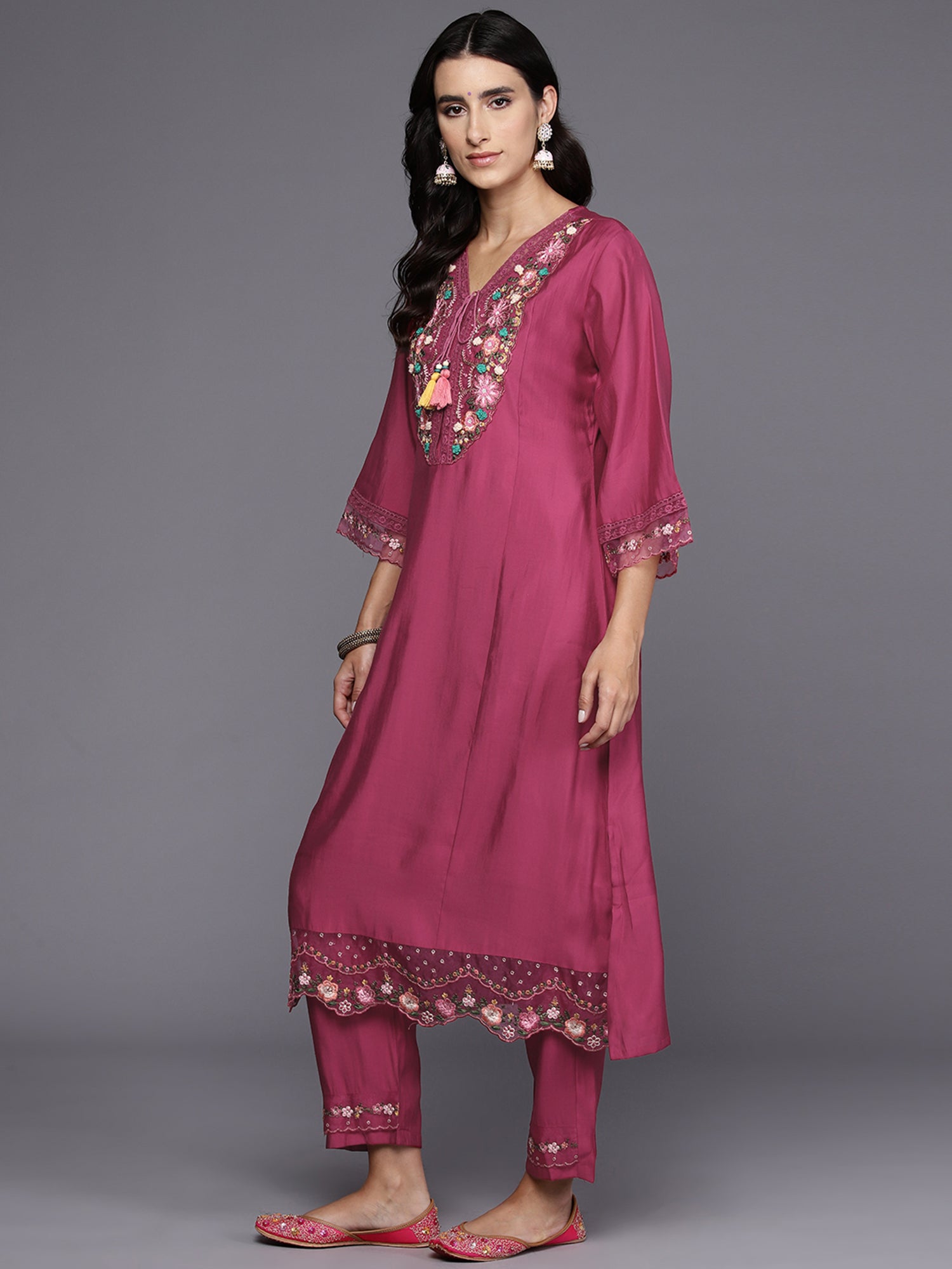 Indo Era Pink Embroidered A-Line Kurta Trousers With Dupatta Set - Distacart