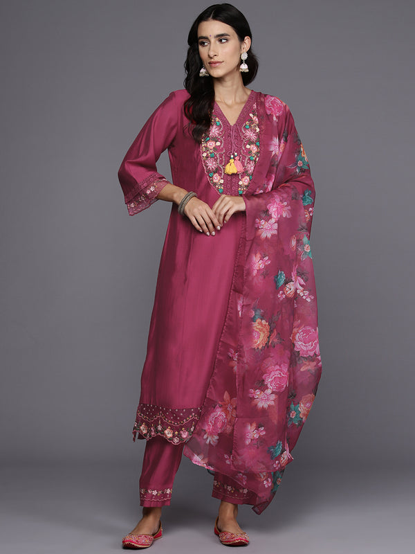 Indo Era Pink Embroidered A-Line Kurta Trousers With Dupatta Set - Distacart