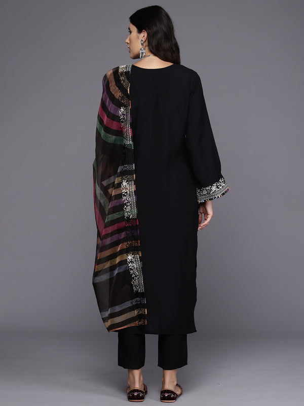 Indo Era Black Embroidered Straight Kurta Trousers With Dupatta Set - Distacart