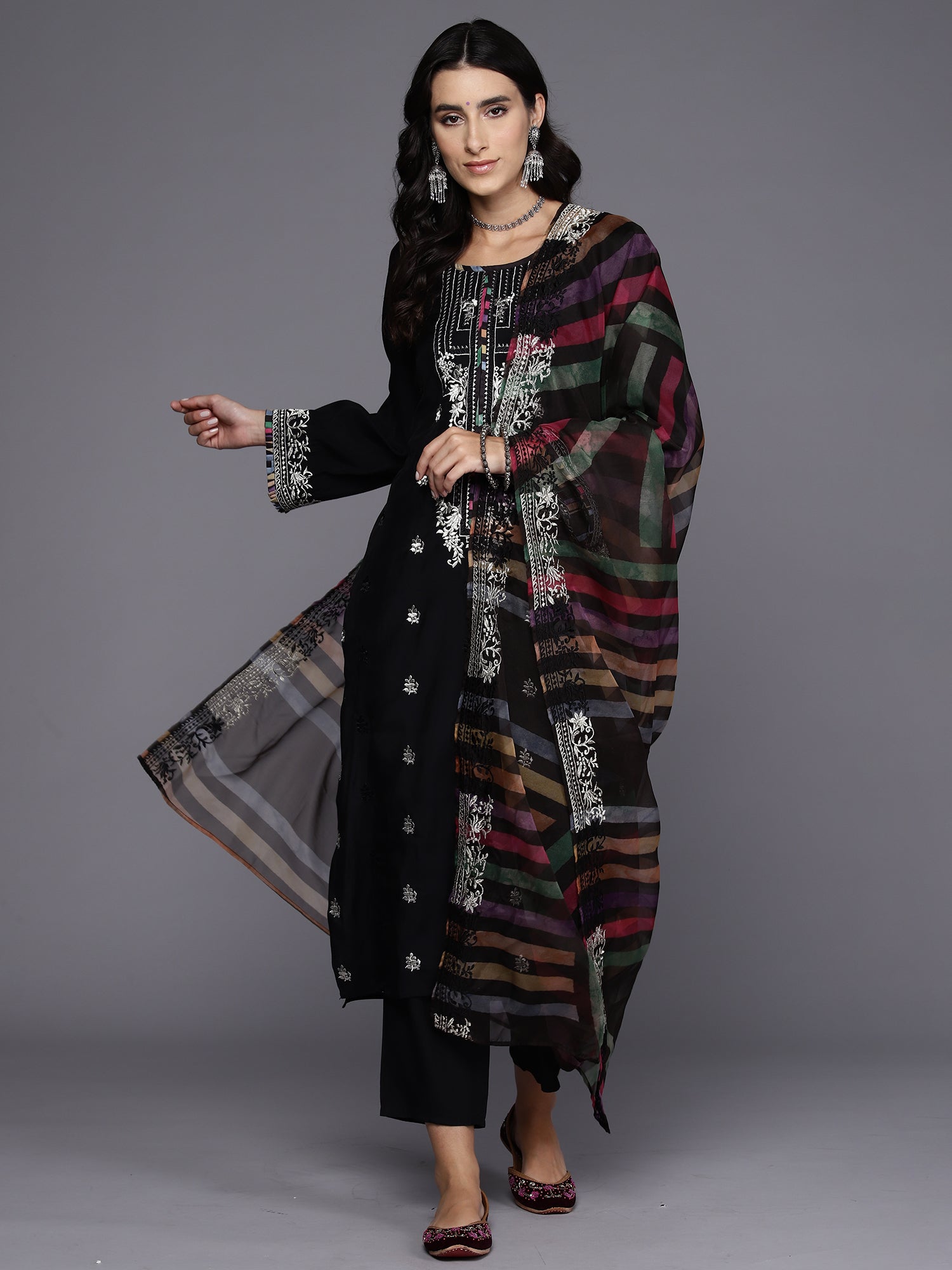 Indo Era Black Embroidered Straight Kurta Trousers With Dupatta Set - Distacart