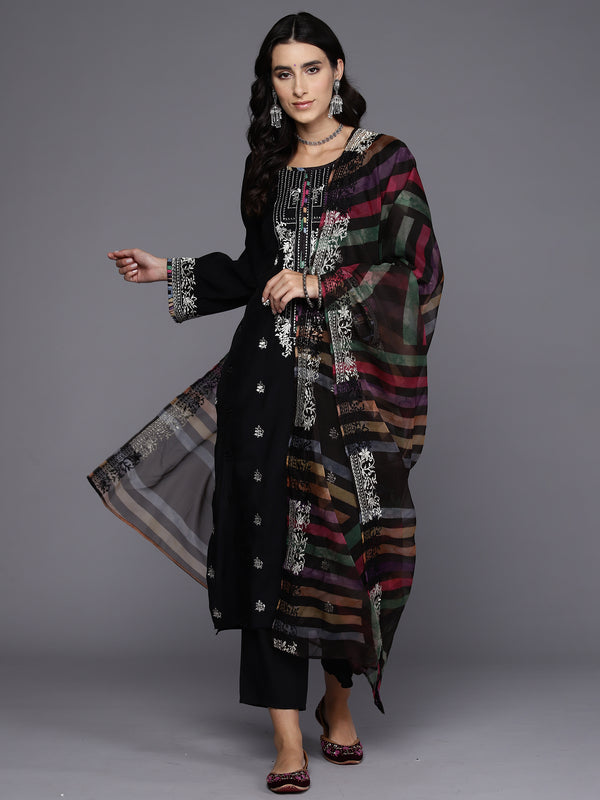 Indo Era Black Embroidered Straight Kurta Trousers With Dupatta Set - Distacart