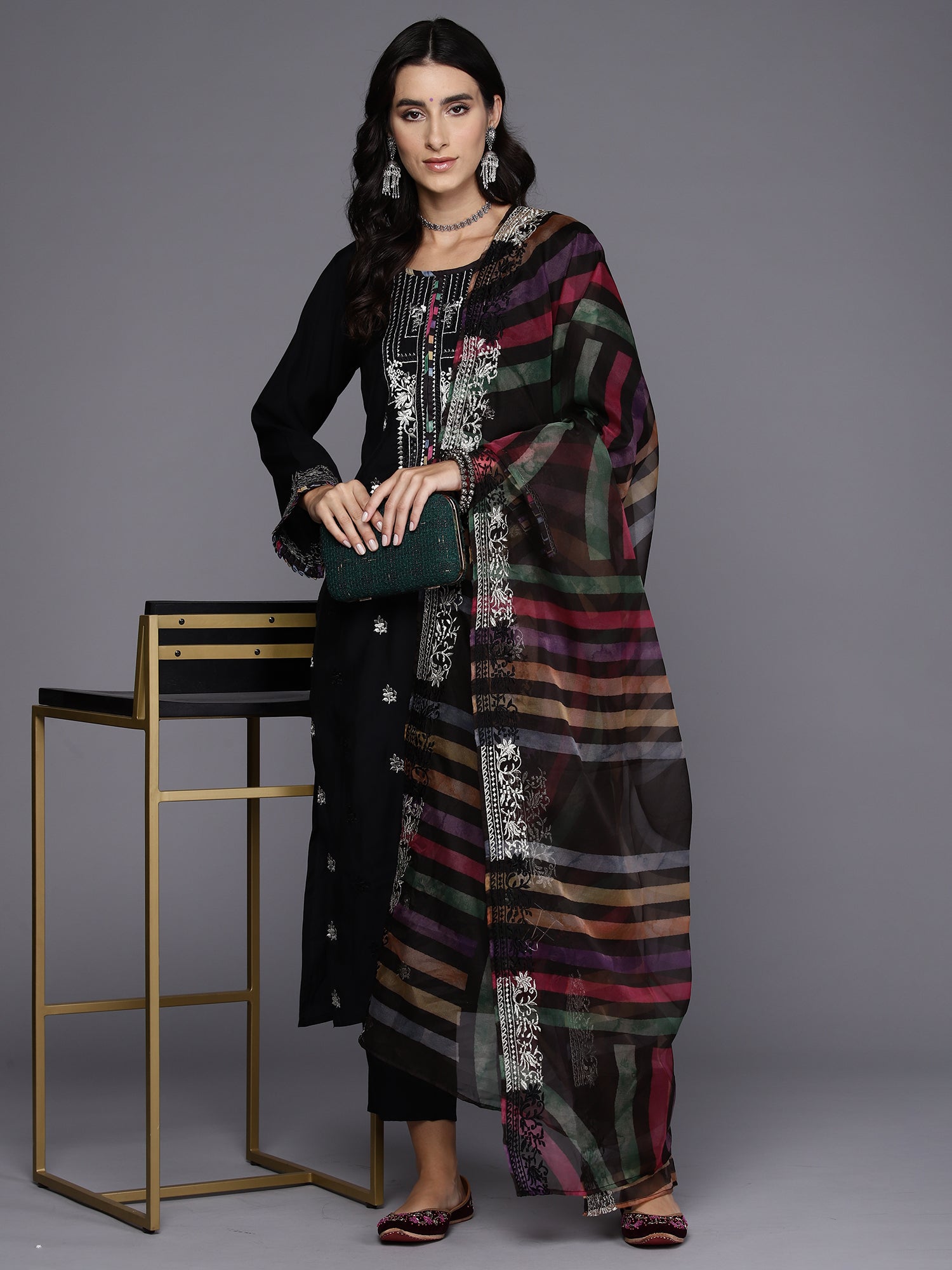 Indo Era Black Embroidered Straight Kurta Trousers With Dupatta Set - Distacart