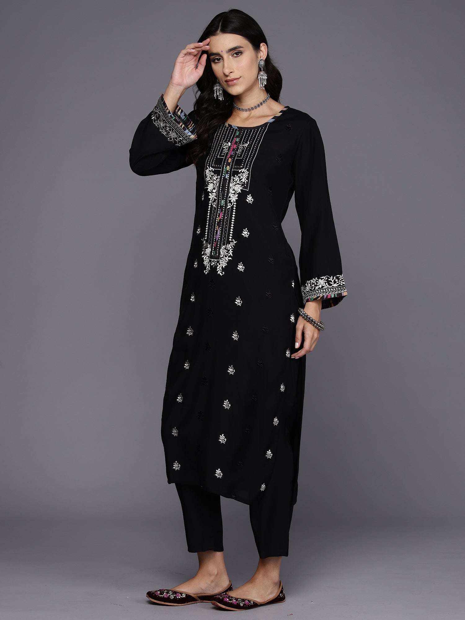 Indo Era Black Embroidered Straight Kurta Trousers With Dupatta Set - Distacart