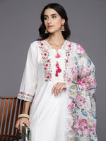 Thumbnail for Indo Era White Embroidered A-Line Kurta Trousers With Dupatta Set - Distacart