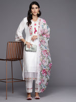 Thumbnail for Indo Era White Embroidered A-Line Kurta Trousers With Dupatta Set - Distacart