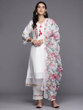 Indo Era White Embroidered A-Line Kurta Trousers With Dupatta Set - Distacart