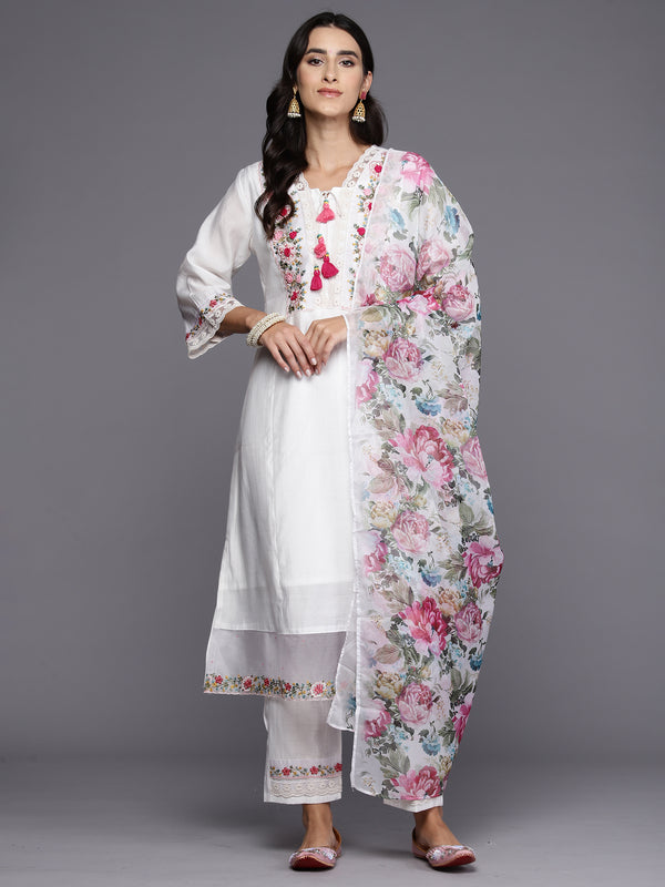 Indo Era White Embroidered A-Line Kurta Trousers With Dupatta Set - Distacart