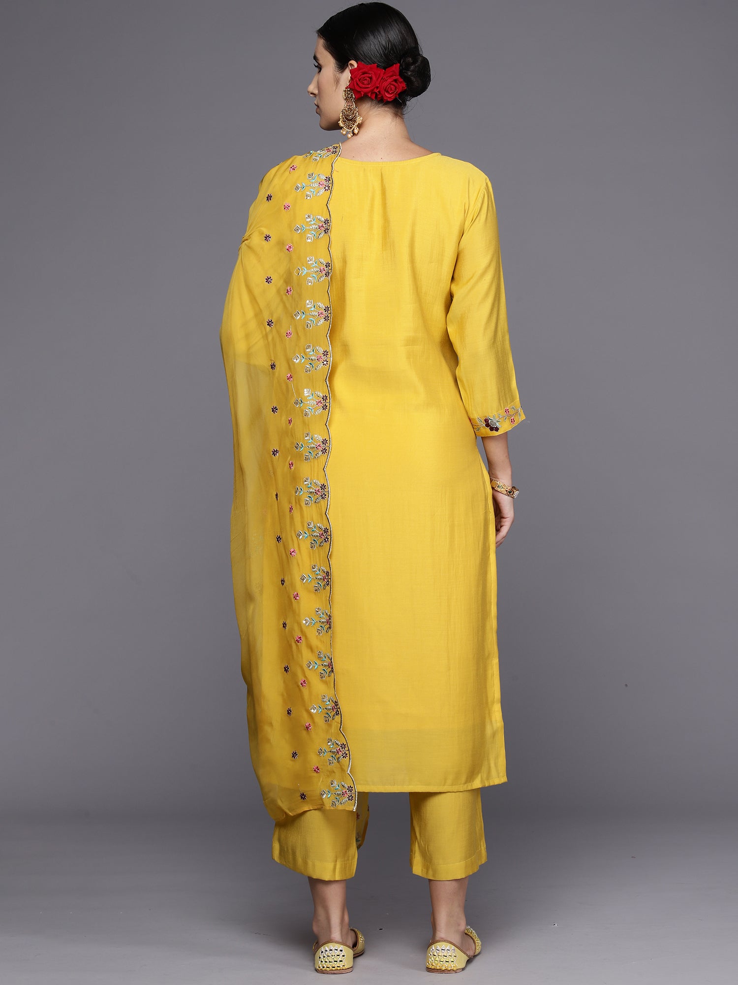 Indo Era Yellow Embroidered Straight Kurta Trousers With Dupatta Set - Distacart