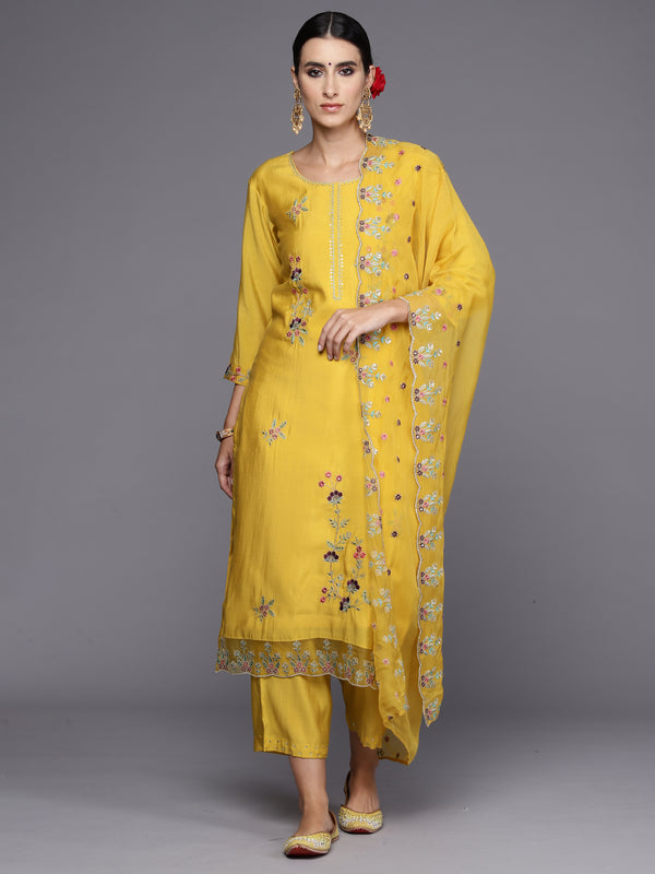 Indo Era Yellow Embroidered Straight Kurta Trousers With Dupatta Set - Distacart