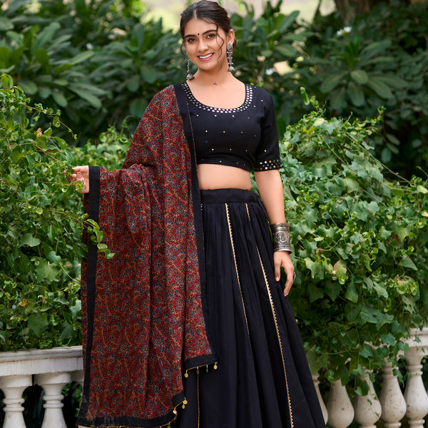 Lorenvalley Black Pure Cotton Plain With Gota Patti Touch Up Lehenga Choli - Distacart