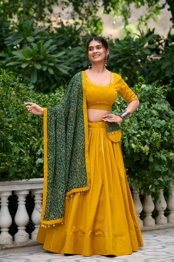 Lorenvalley Mustard Pure Cotton Plain With Gota Patti Touch Up Lehenga Choli - Distacart