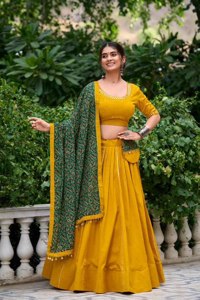 Lorenvalley Mustard Pure Cotton Plain With Gota Patti Touch Up Lehenga Choli - Distacart