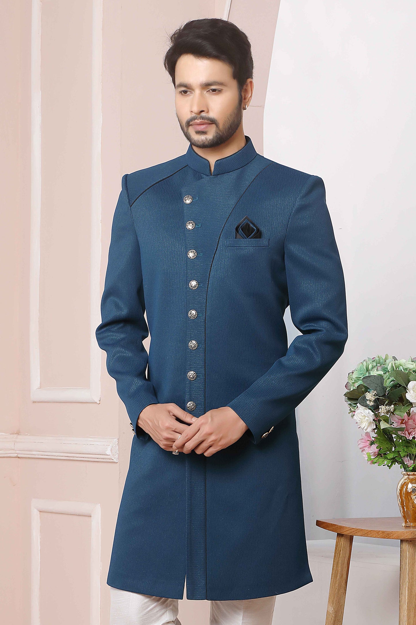 Raivat Ethnic Jacquard Silk Thread Work Indo Western In Blue Colour - Distacart