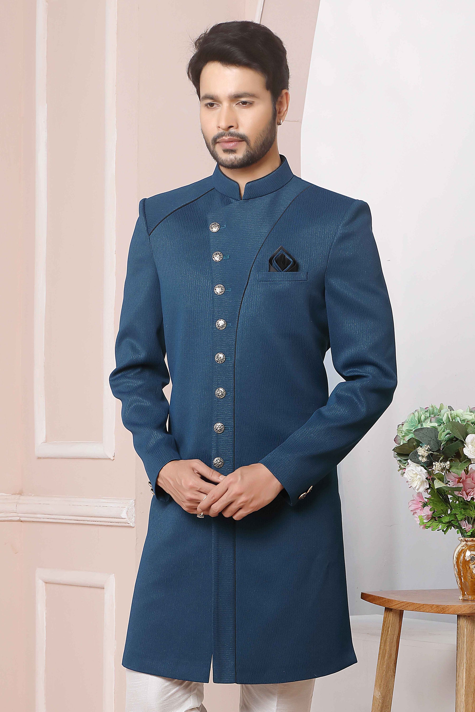 Raivat Ethnic Jacquard Silk Thread Work Indo Western In Blue Colour - Distacart