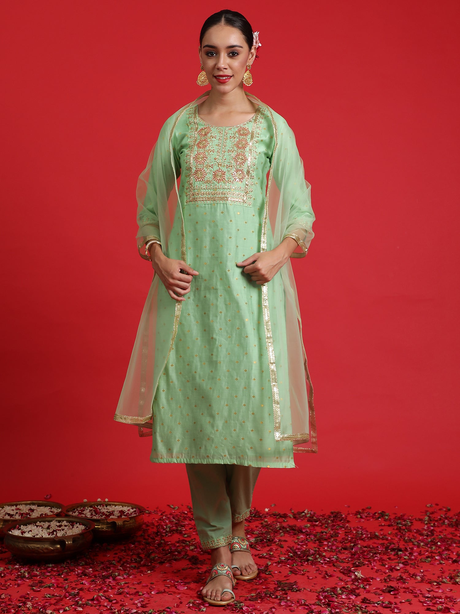 Indo Era Green Embroidered Straight Kurta Trousers With Dupatta Set - Distacart