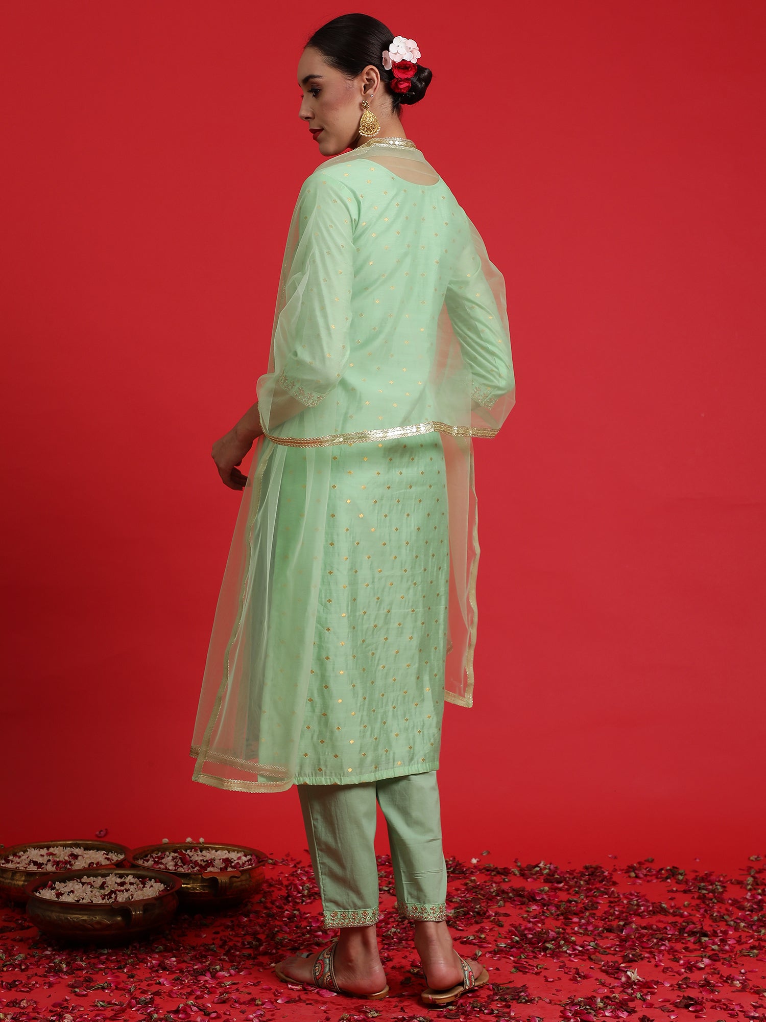 Indo Era Green Embroidered Straight Kurta Trousers With Dupatta Set - Distacart