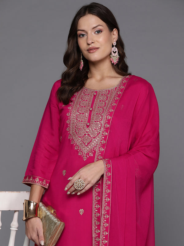 Indo Era Pink Embroidered Straight Kurta Trousers With Dupatta Set - Distacart