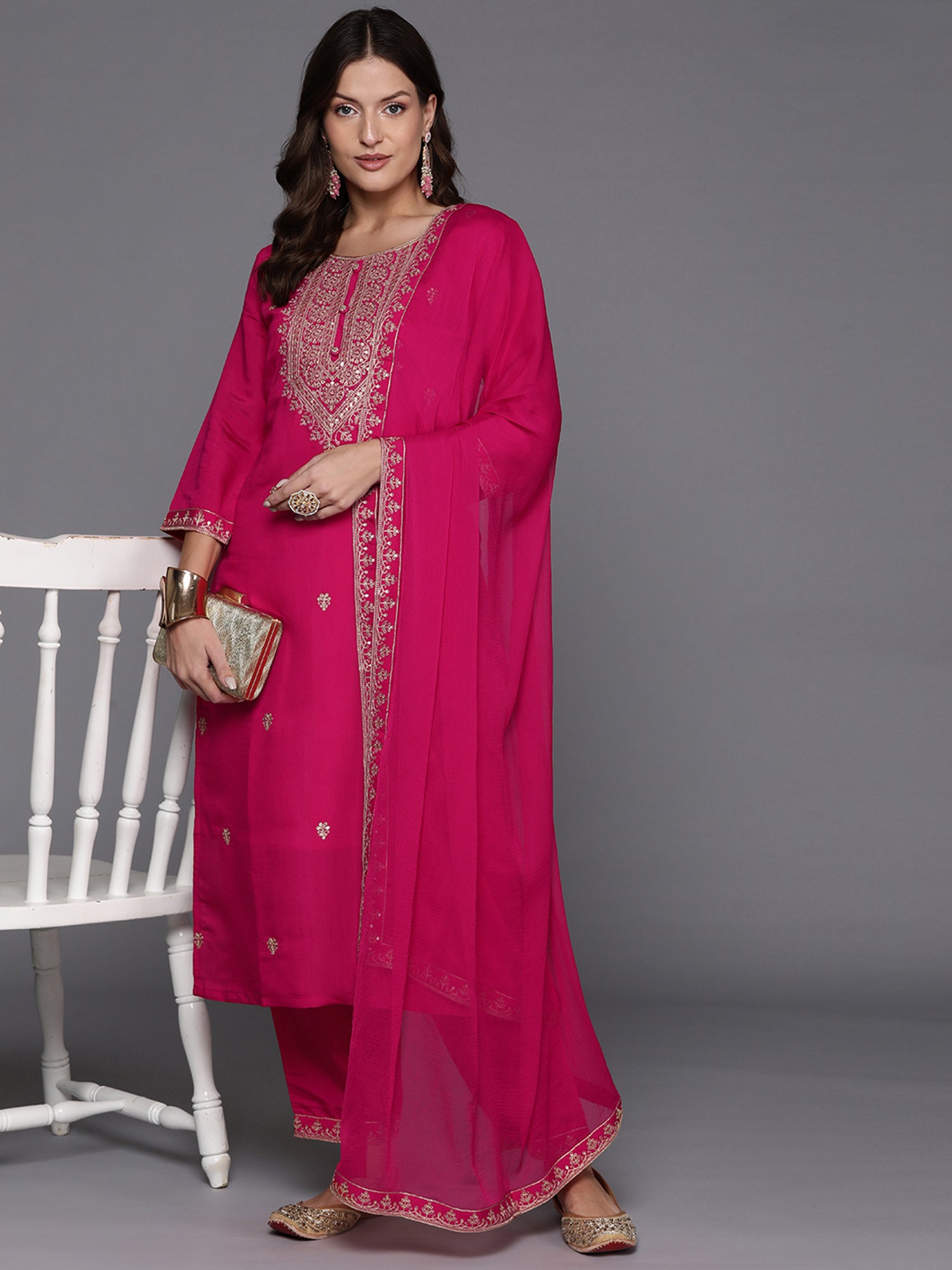 Indo Era Pink Embroidered Straight Kurta Trousers With Dupatta Set - Distacart