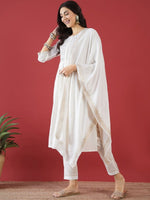 Thumbnail for Anouk White Ethnic Motifs Yoke Design Zari Pleated Kurta With Trousers & Dupatta