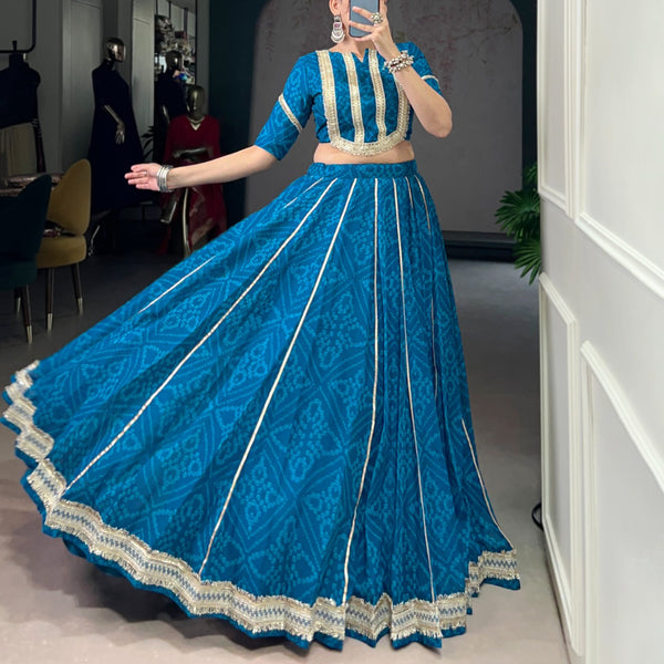 Lorenvalley Fashion Firozi Chiffon Bandhej Print with Sequins and Gotta Patti Lace Touch Up Lehenga Choli