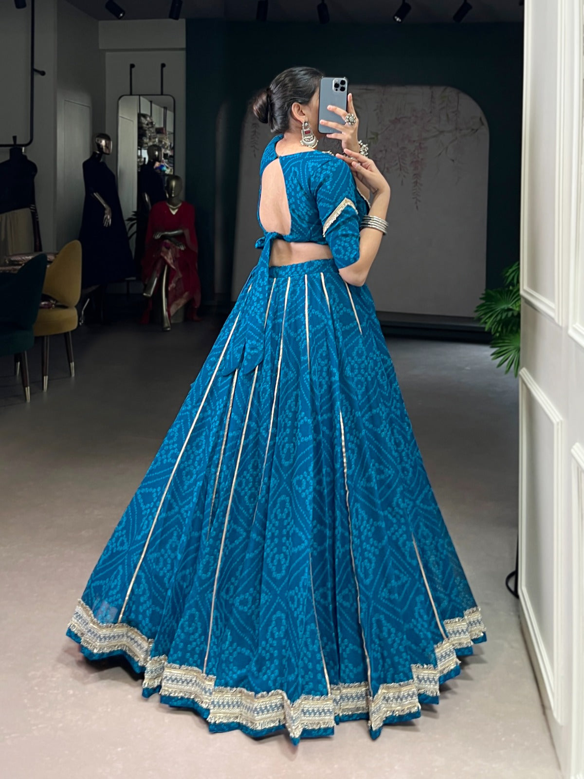 Lorenvalley Fashion Firozi Chiffon Bandhej Print with Sequins and Gotta Patti Lace Touch Up Lehenga Choli