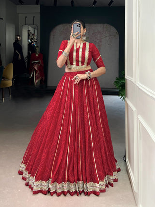 Lorenvalley Fashion Red Chiffon Bandhej Print with Sequins and Gotta Patti Lace Touch Up Lehenga Choli