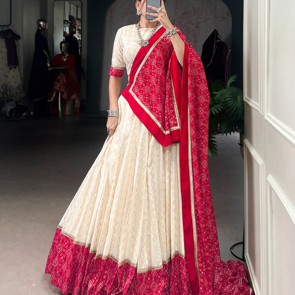 Lorenvalley Fashion Offwhite Cotton Zigzag and Bandhej Print With Sequins Lace Touch Up Lehenga Choli with Dupatta - Distacart
