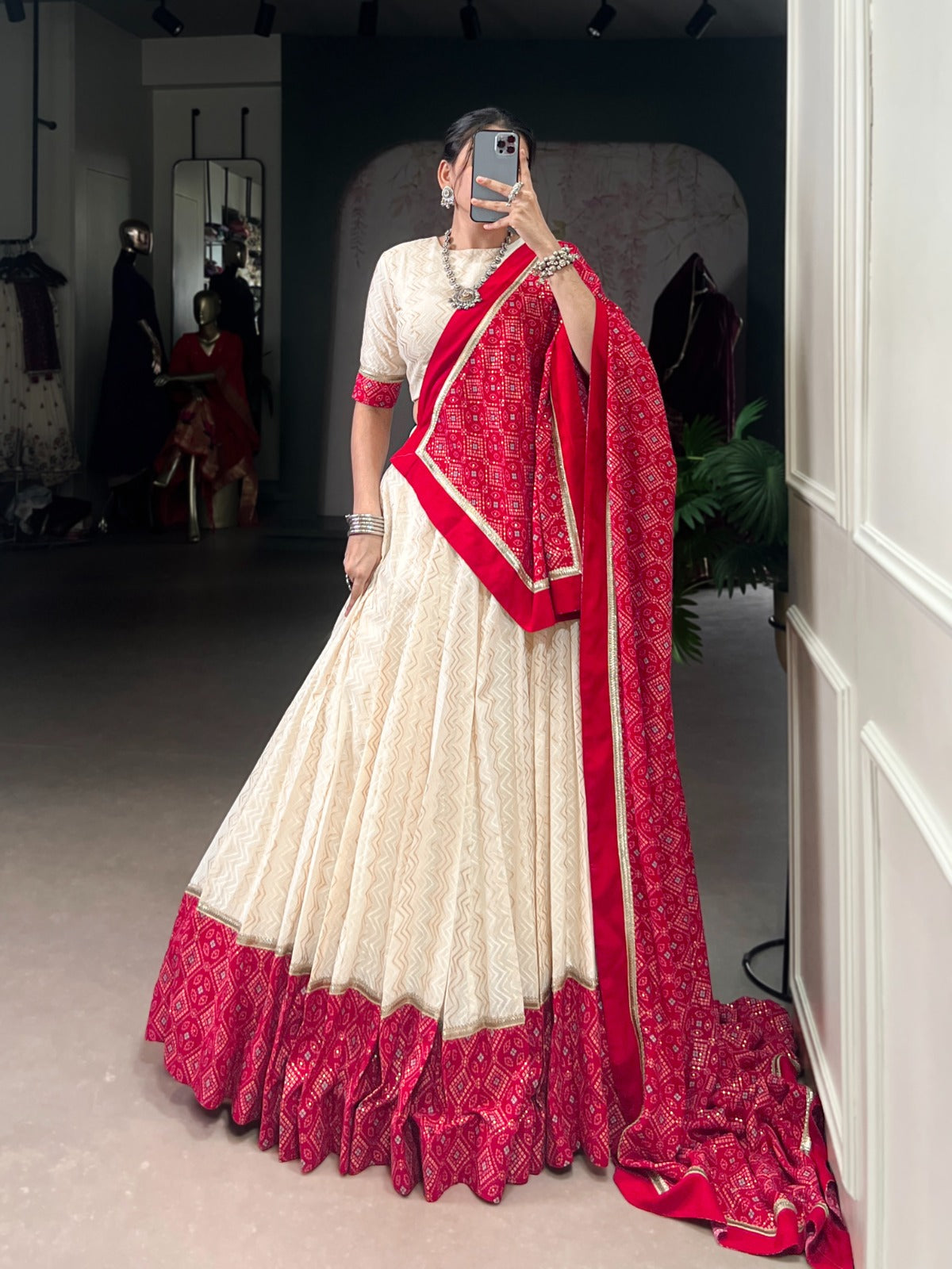 Lorenvalley Fashion Offwhite Cotton Zigzag and Bandhej Print With Sequins Lace Touch Up Lehenga Choli with Dupatta - Distacart