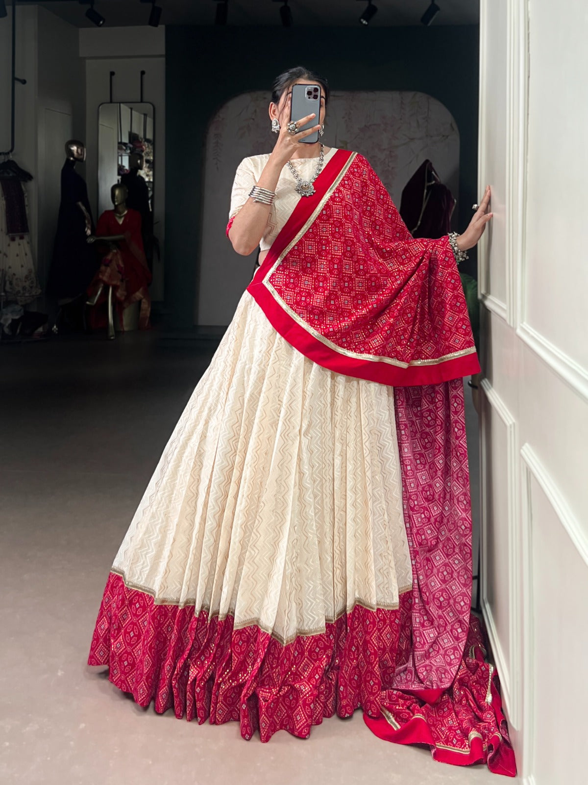 Lorenvalley Fashion Offwhite Cotton Zigzag and Bandhej Print With Sequins Lace Touch Up Lehenga Choli with Dupatta